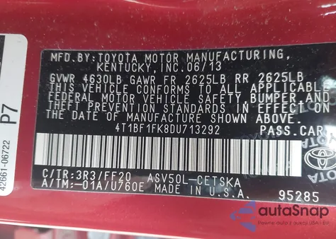 2013 Toyota Camry Se z USA, uszkodzony, nr VIN 4T1BF1FK8DU713292